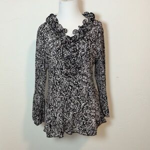 Christopher & Banks XL Polyester Modern Print Ruffle Neck Button Down Blouse
